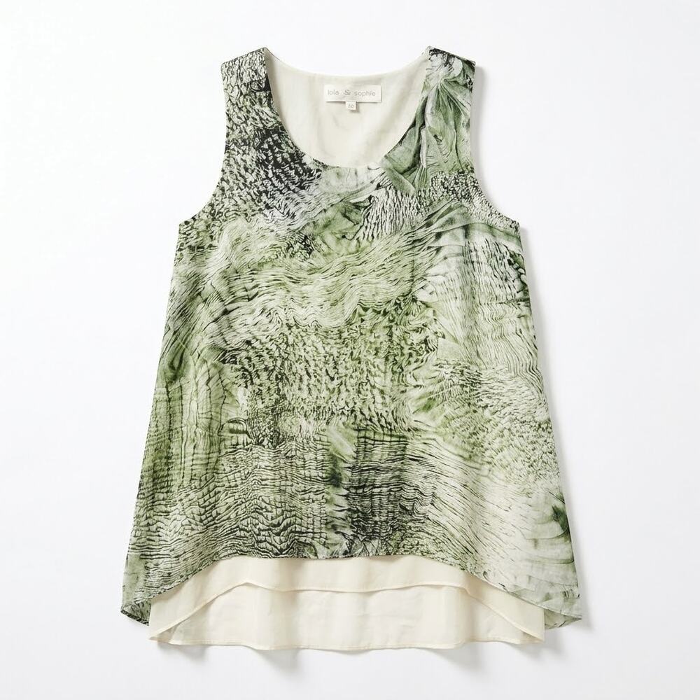 Lola & Sophie Sheer Overlay Sleeveless Blouse Green Snakeskin Italy Womens XS